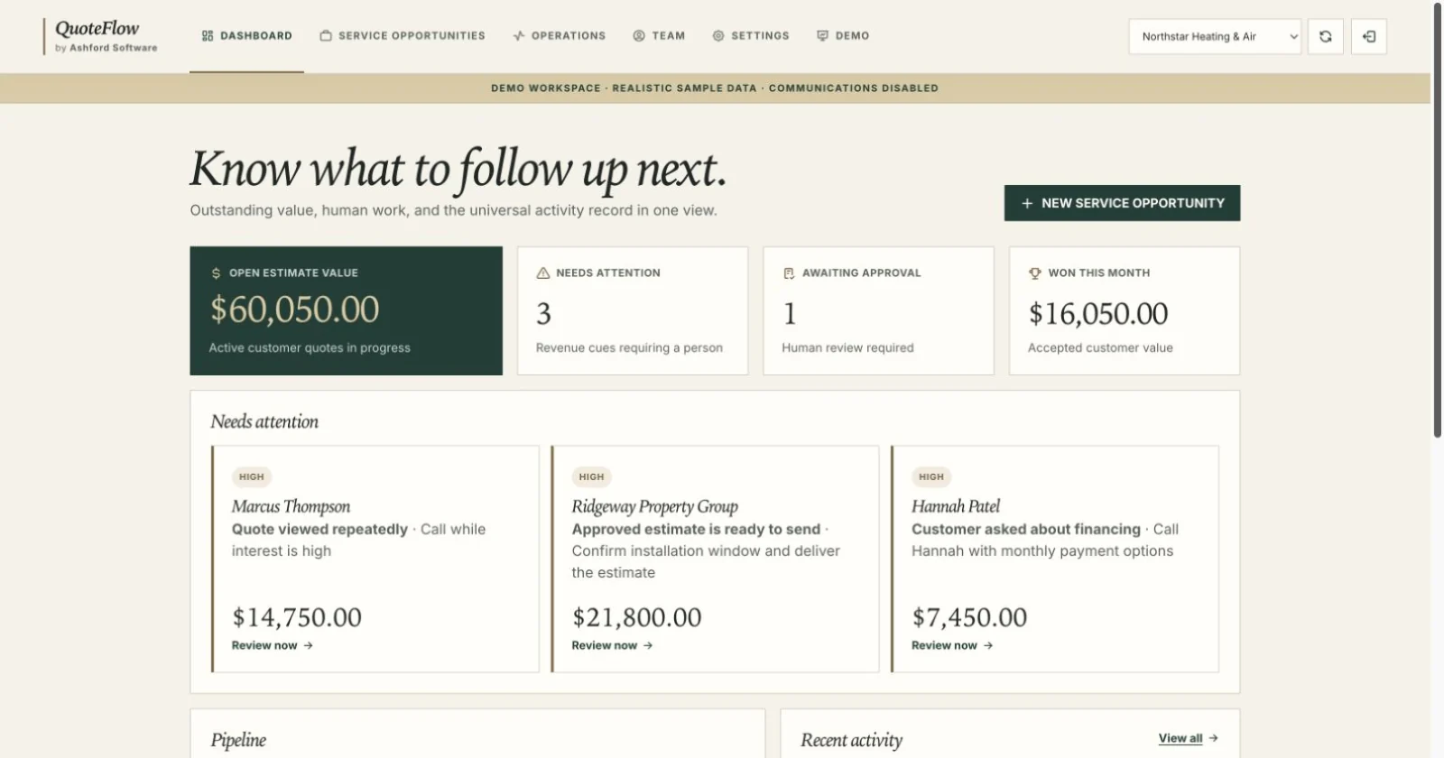 QuoteFlow sample dashboard showing estimate value, approvals and customers needing attention
