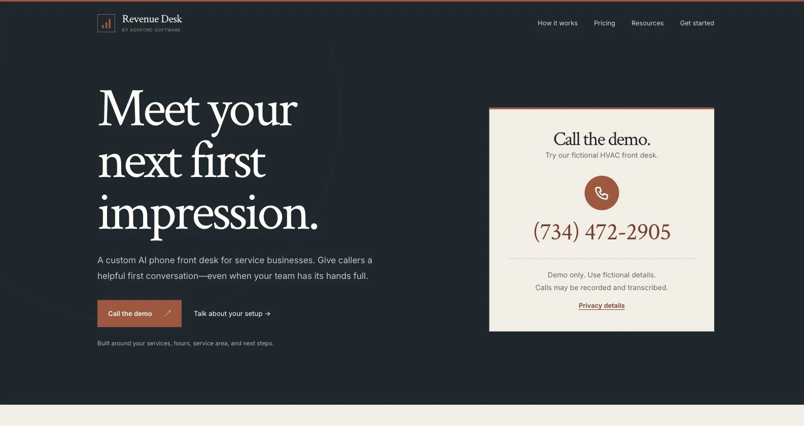 Revenue Desk website showing its AI phone front desk introduction and voice demo